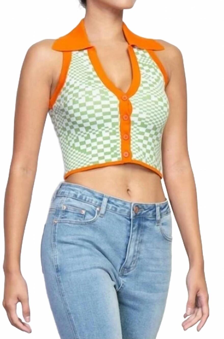 NEW REHAB checkered carlie v neck crop top in vibrant green and white